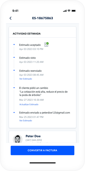 Obten estimados aprobados y conviertelos en facturas.