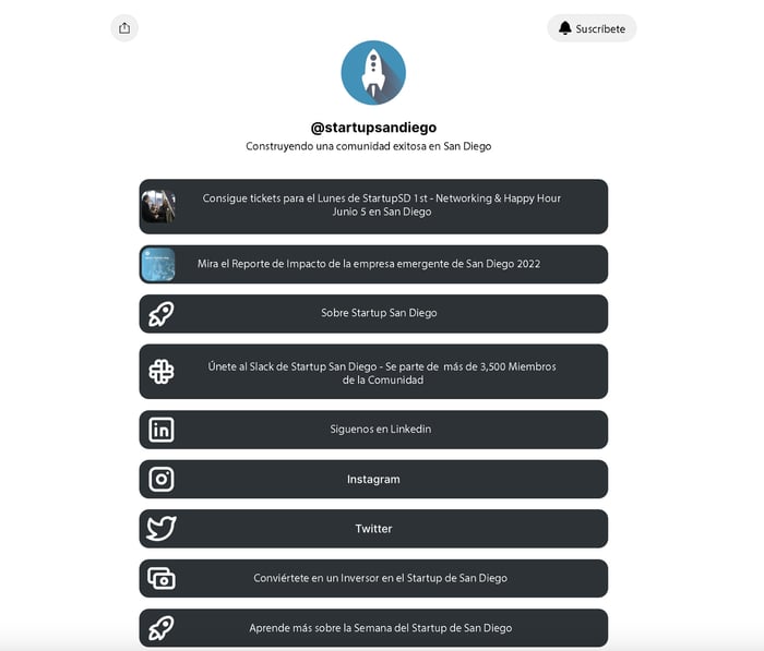 Ejemplo de Linktree de San Diego Startup