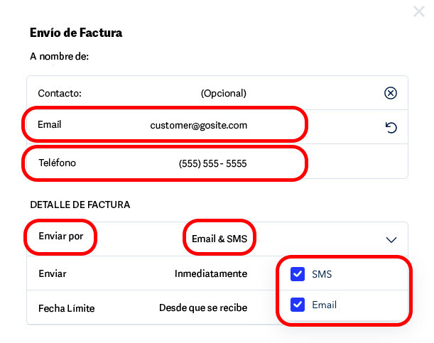 Envía facturas compatibles con dispositivos móviles por mensaje de texto y correo electrónico.