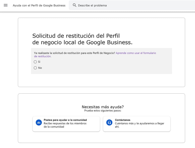 Imagen de Captura de Solicitud de Reinstalación del Perfil de Negocio en Google