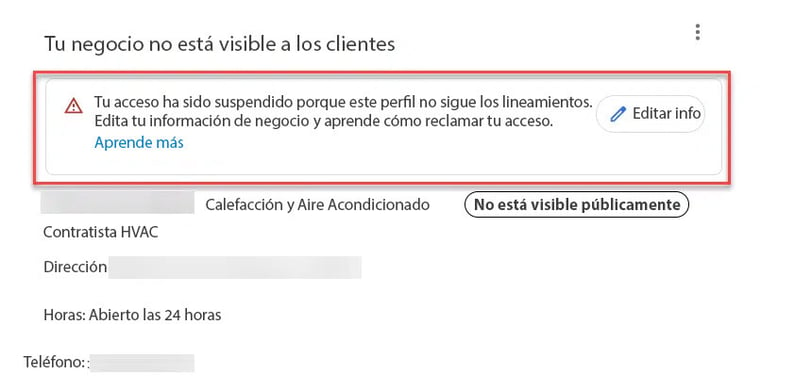 Anuncio de Suspension de Google my Business.