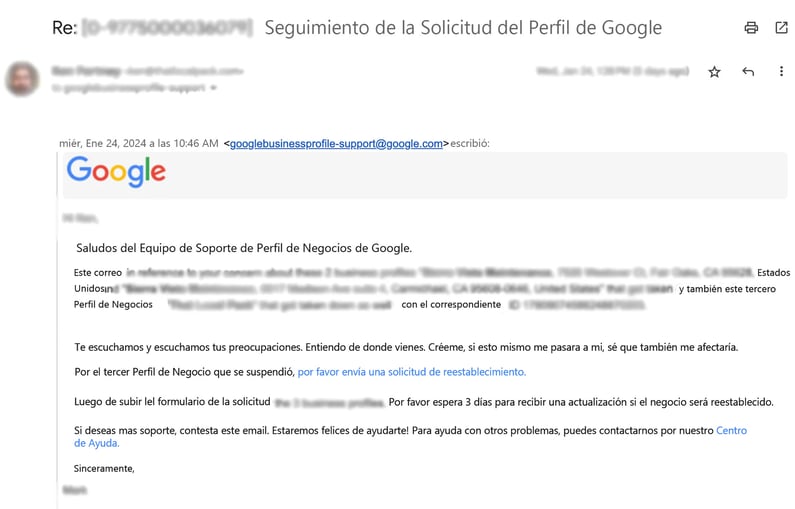 Captura de Imagen respuesta al correo de soporte de google