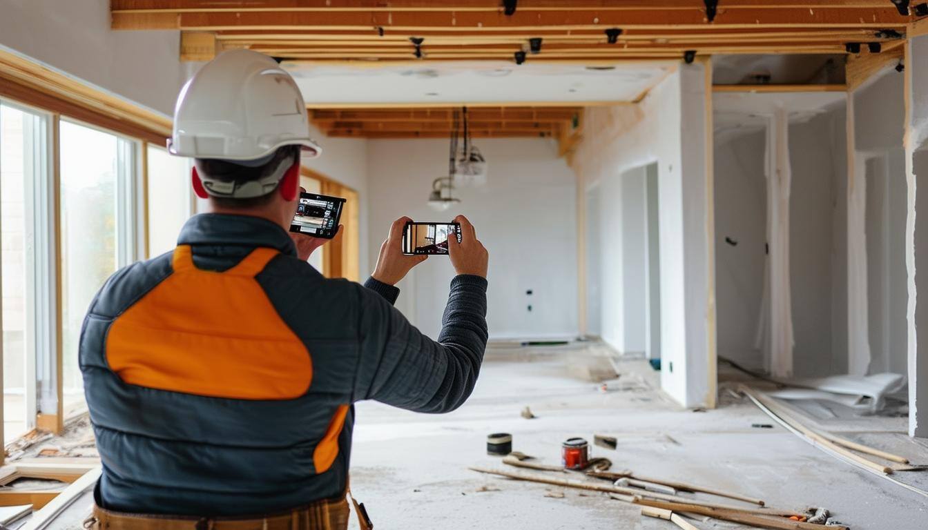 Trabajador de la construcción haciendo una foto del antes y el despues.