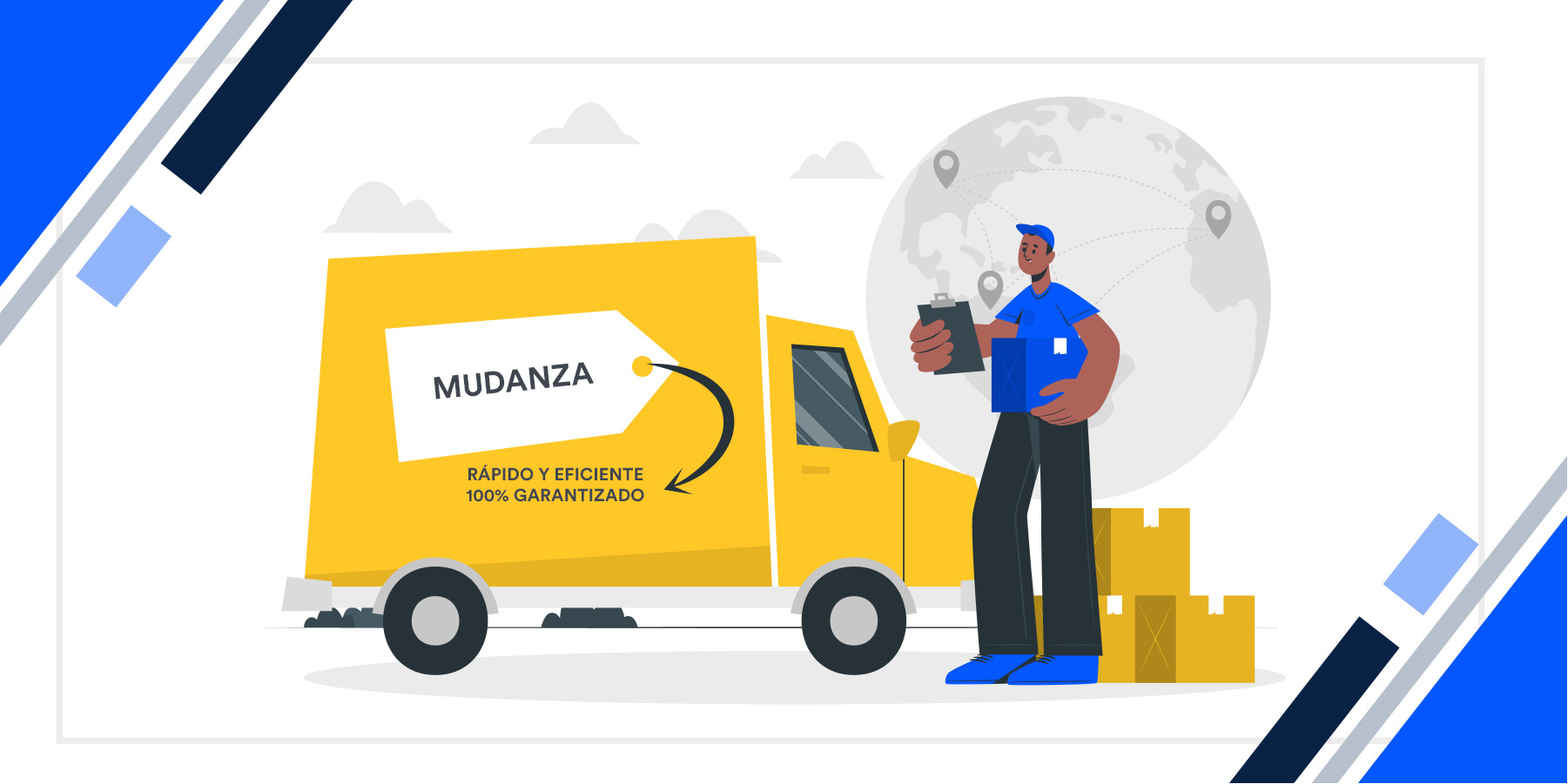 Ilustracion de un empleado de empresa de mudanza junto a su camion.